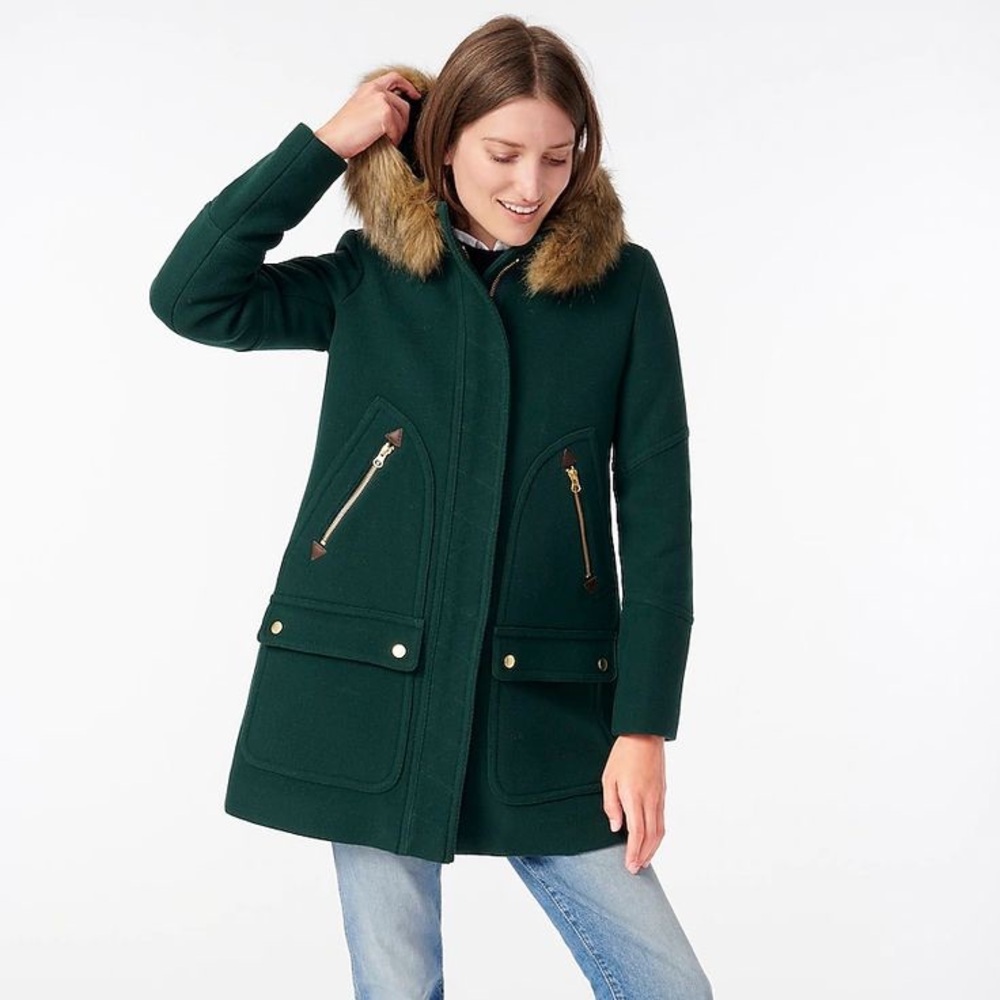 J. Crew Dark Green Wool Hooded Coat with Faux Fur Trim